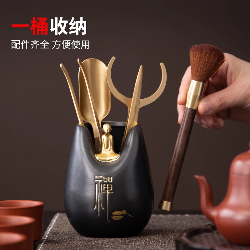 高端茶具配件六君子套装家用功夫茶道用品铜制茶夹茶勺杯叉养壶笔