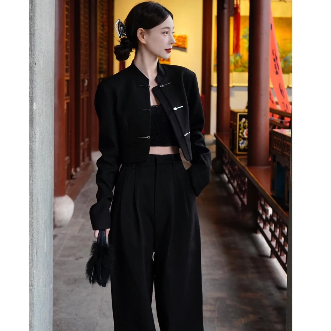 国风新中式时尚套装女春季设计感短款上衣外套高腰阔腿裤两件套潮