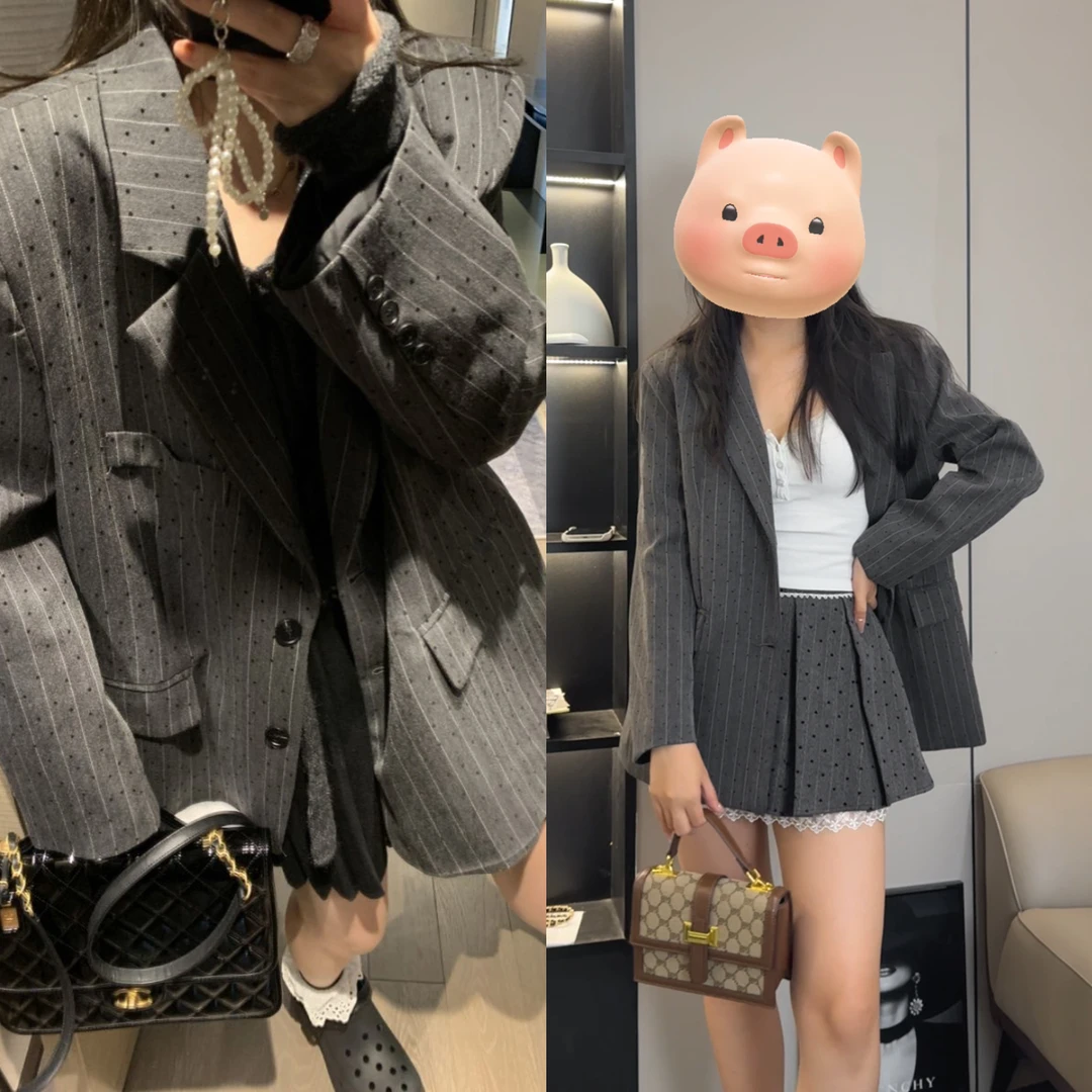 灰色波点条纹西装外套女2025秋冬季新款高级感宽松廓形复古西服