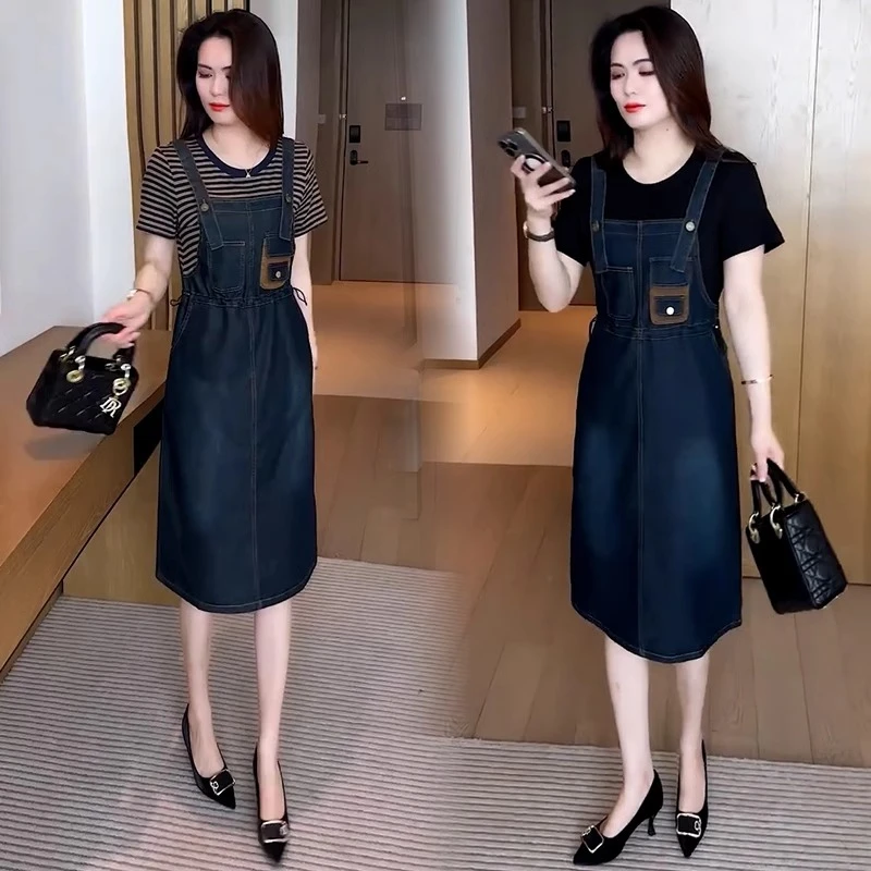 假两件牛仔连衣裙女2025夏季新款洋气收腰显瘦中长款休闲背带裙子