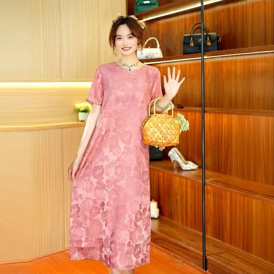 A-058中长裙短袖显瘦套头轻职风连衣裙复古女装中国风