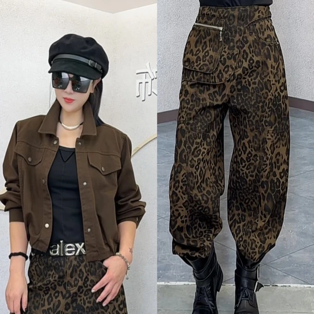 阿珍服饰店 新款时尚百搭豹纹牛仔裤#009