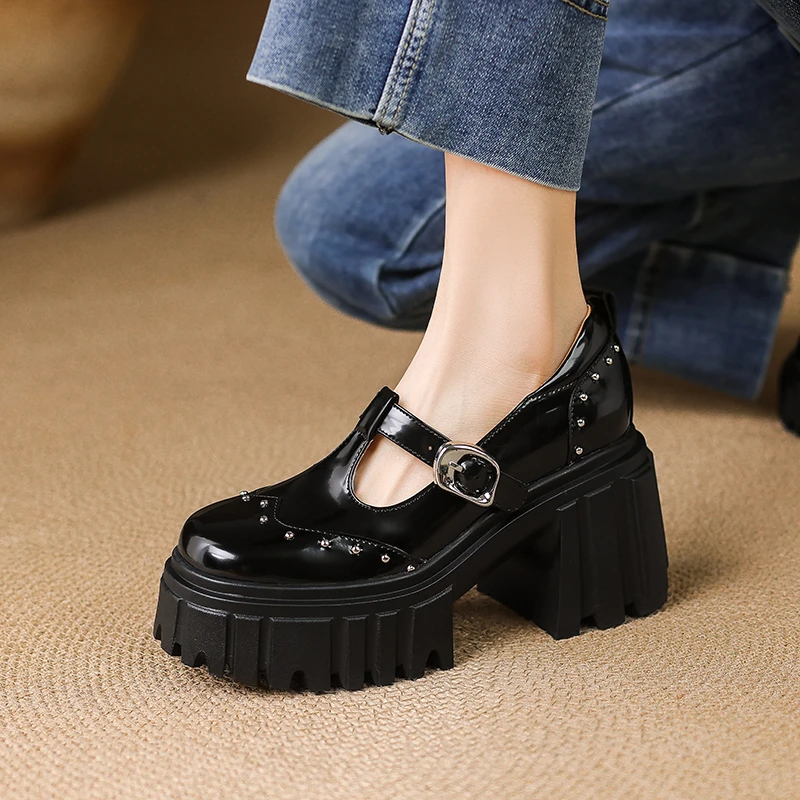 9cm英伦风复古布洛克单鞋女玛丽珍小皮鞋百搭小个子粗高跟厚底鞋