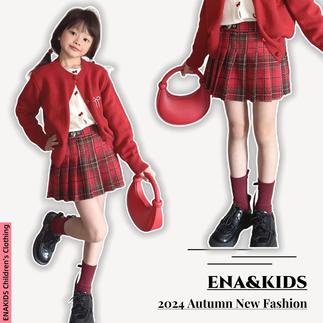 ENA恩娜kids【邂逅苏格兰】女童复古红格子皮扣百褶裙秋冬毛呢短裙