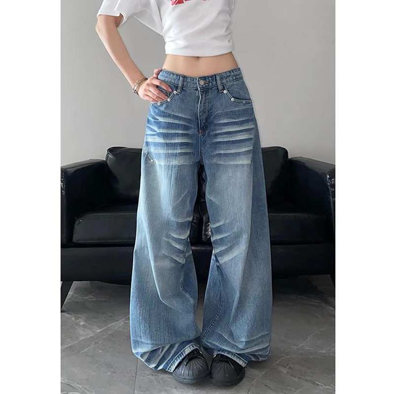 美式复古侧缝设计立体感直筒牛仔裤女秋季高腰宽松垂感阔腿裤子潮