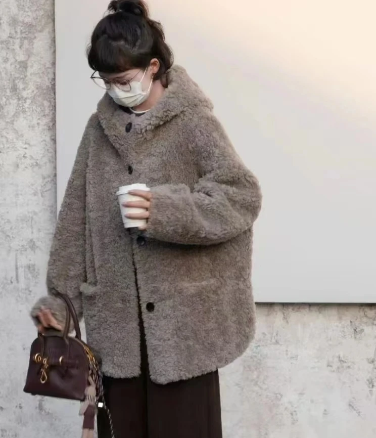 【ONEOF】 连帽短款羊毛双层加厚保暖外套女