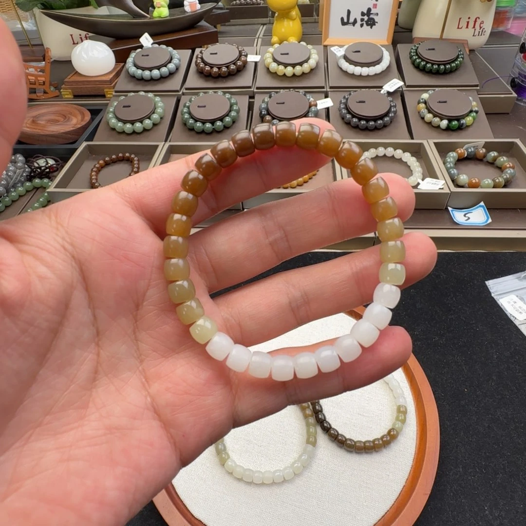 和田玉未镶嵌手链卡7渐变糖直切，57