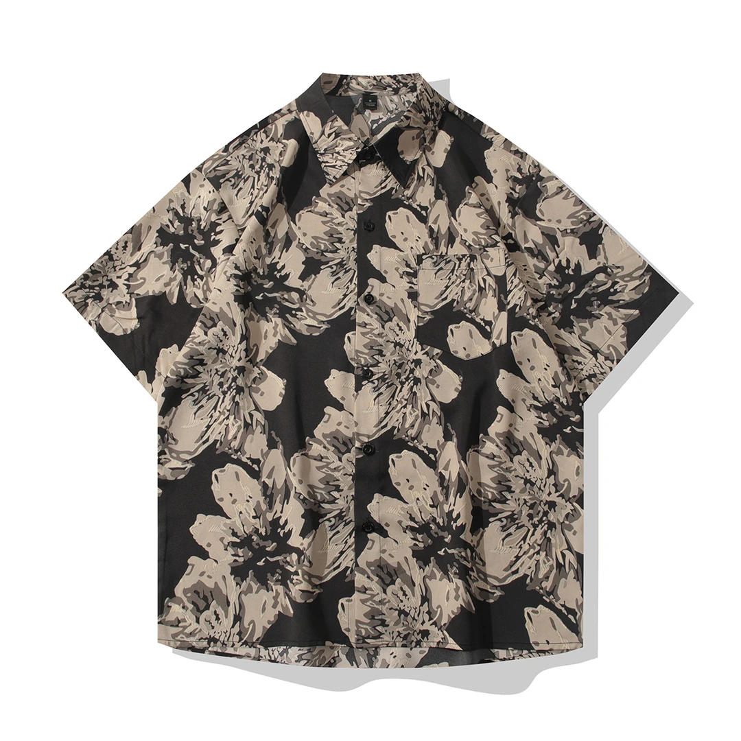 冰感潮流国风冰丝衬衫男装花卉印花港风夏季宽松短袖衬衣复古痞帅