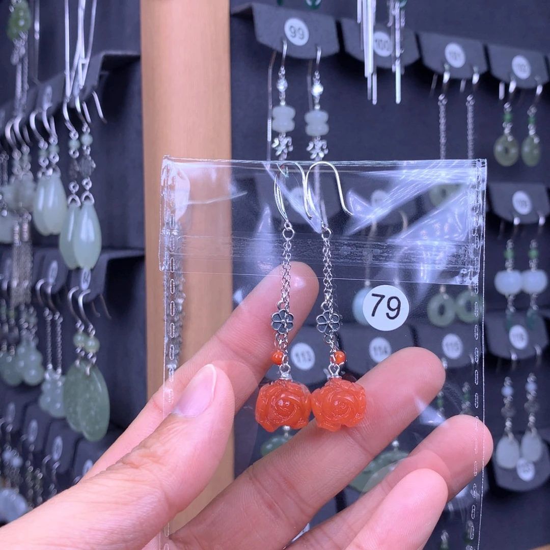 南红玛瑙耳饰银S925镶嵌静**花