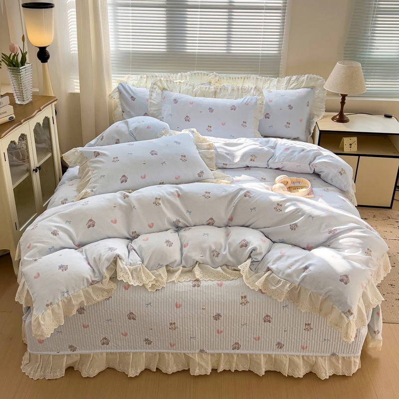 新款印花超柔软针织双层纱花边款夹棉床盖四件套床品套件床上用品