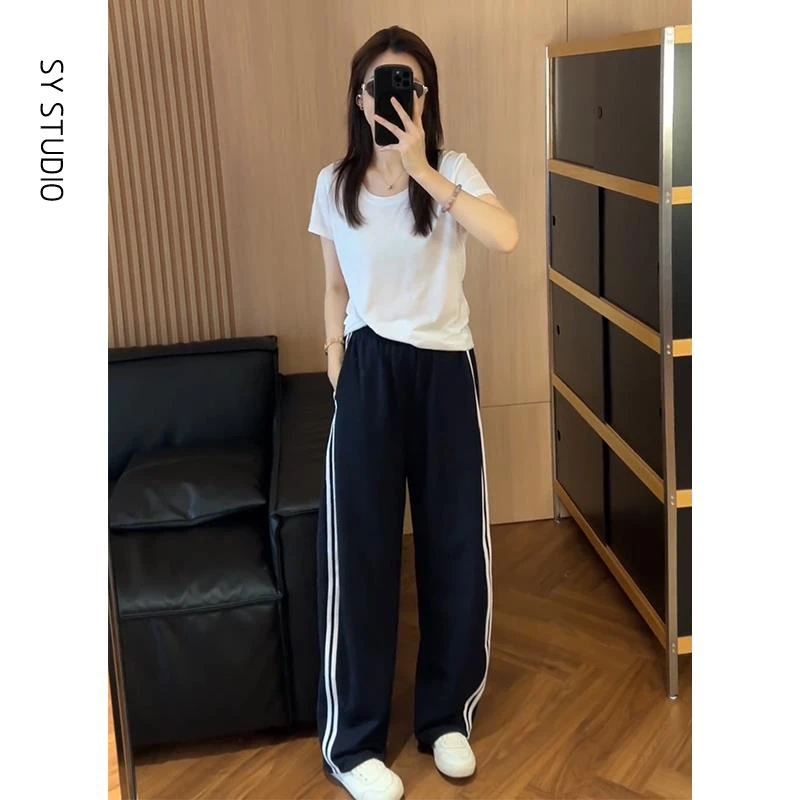 VOCKOO官方夏季一整套ootd穿搭韩系正肩短袖T女恤美式松紧腰条纹