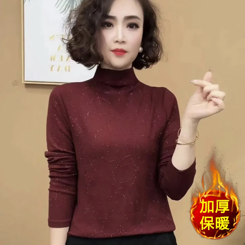 秋冬新款时尚半高领纯色烫钻打底衫大码遮肚子减龄洋气小衫妈妈装