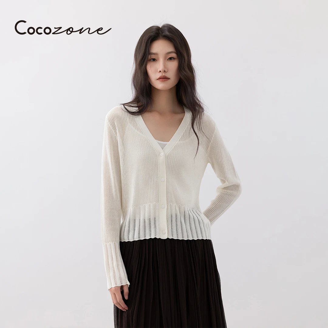 COCO ZONE 刘一一 米白色简约条纹下摆显瘦V领针织开衫CD2A0442