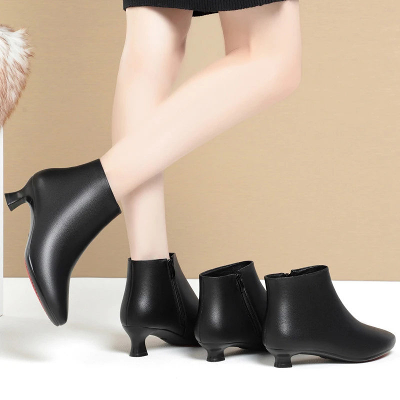 真皮加绒细跟高跟工作鞋黑色女士皮鞋工装职业正装女鞋短靴女秋冬