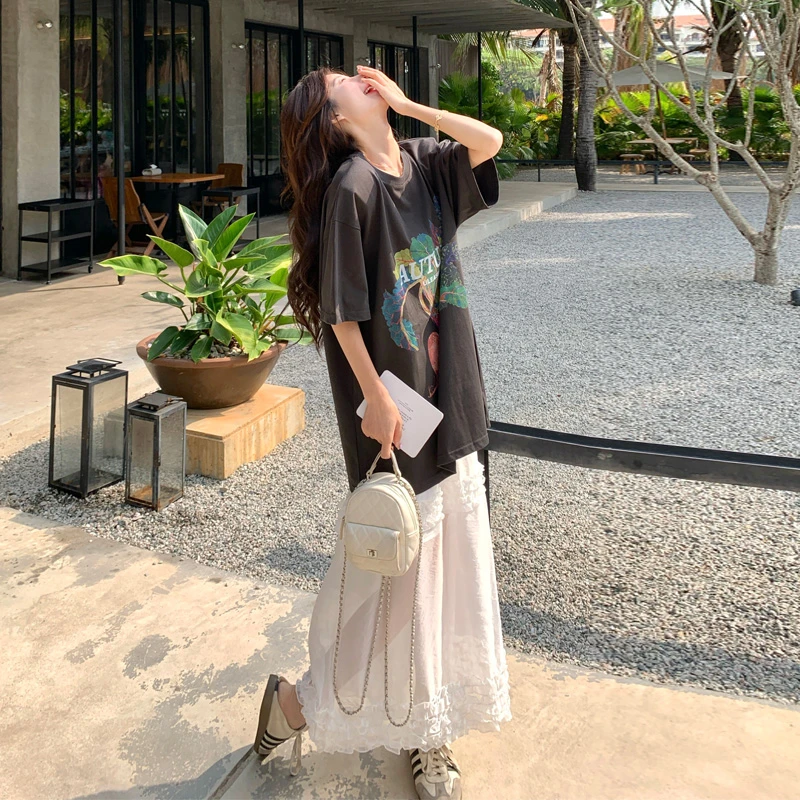 印花T恤蕾丝半身裙套装女2025夏季新款纯欲韩系松弛感穿搭两件套