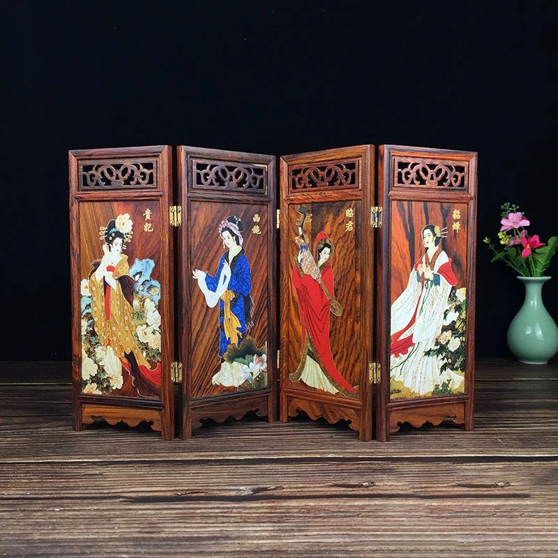 【红酸枝四大美人屏风】红木微型家具模型木迷你小家具
