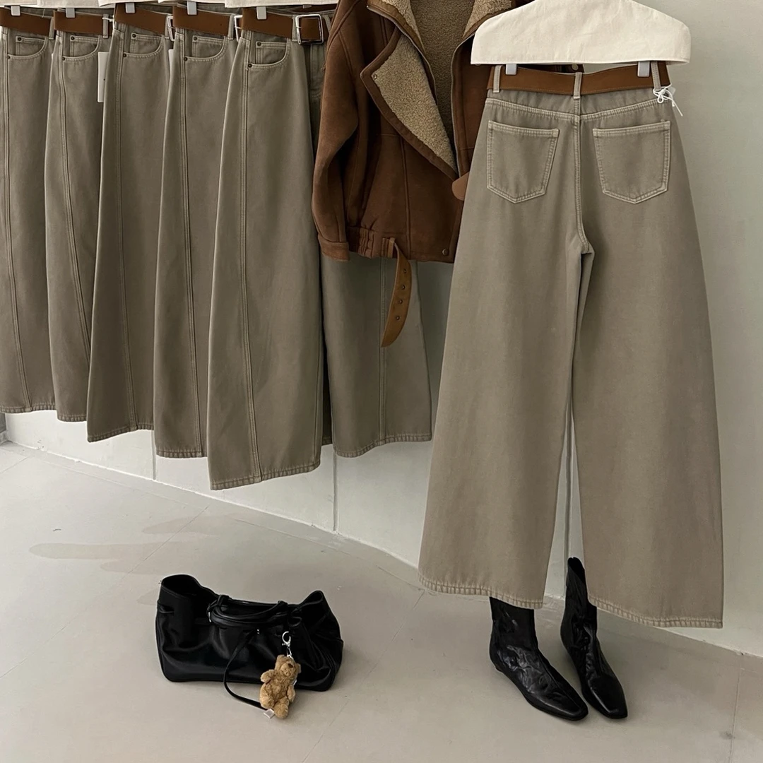 冬款上新 老钱风美拉德加厚绒高质感宽松弯刀裤牛仔裤(配腰带)