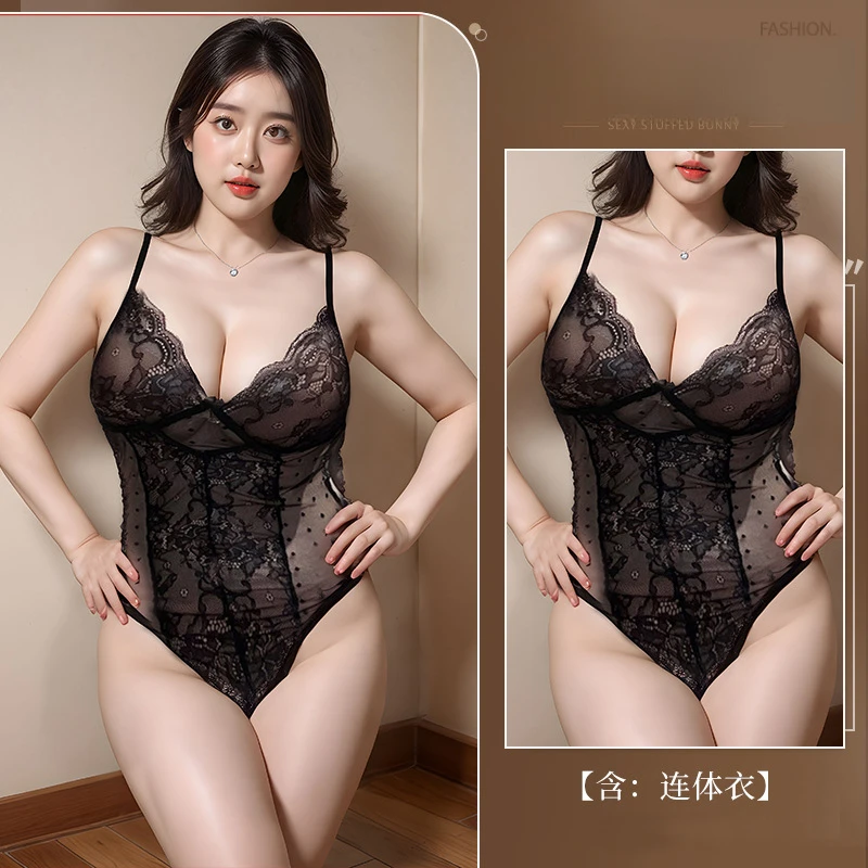 性感大码纯欲蕾丝连体胖mm连体透视套装