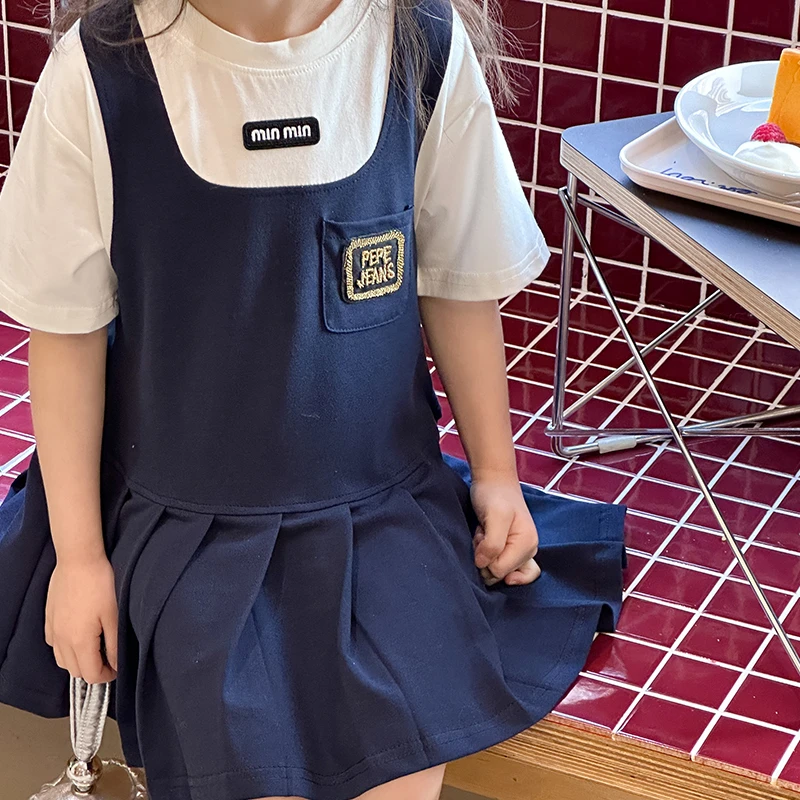 5785女童miu系连衣裙夏装2025新款女宝宝学院风假两件洋气裙子公