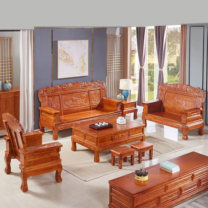实木沙发组合客厅大户型红椿木香樟木三人农村家用木头仿