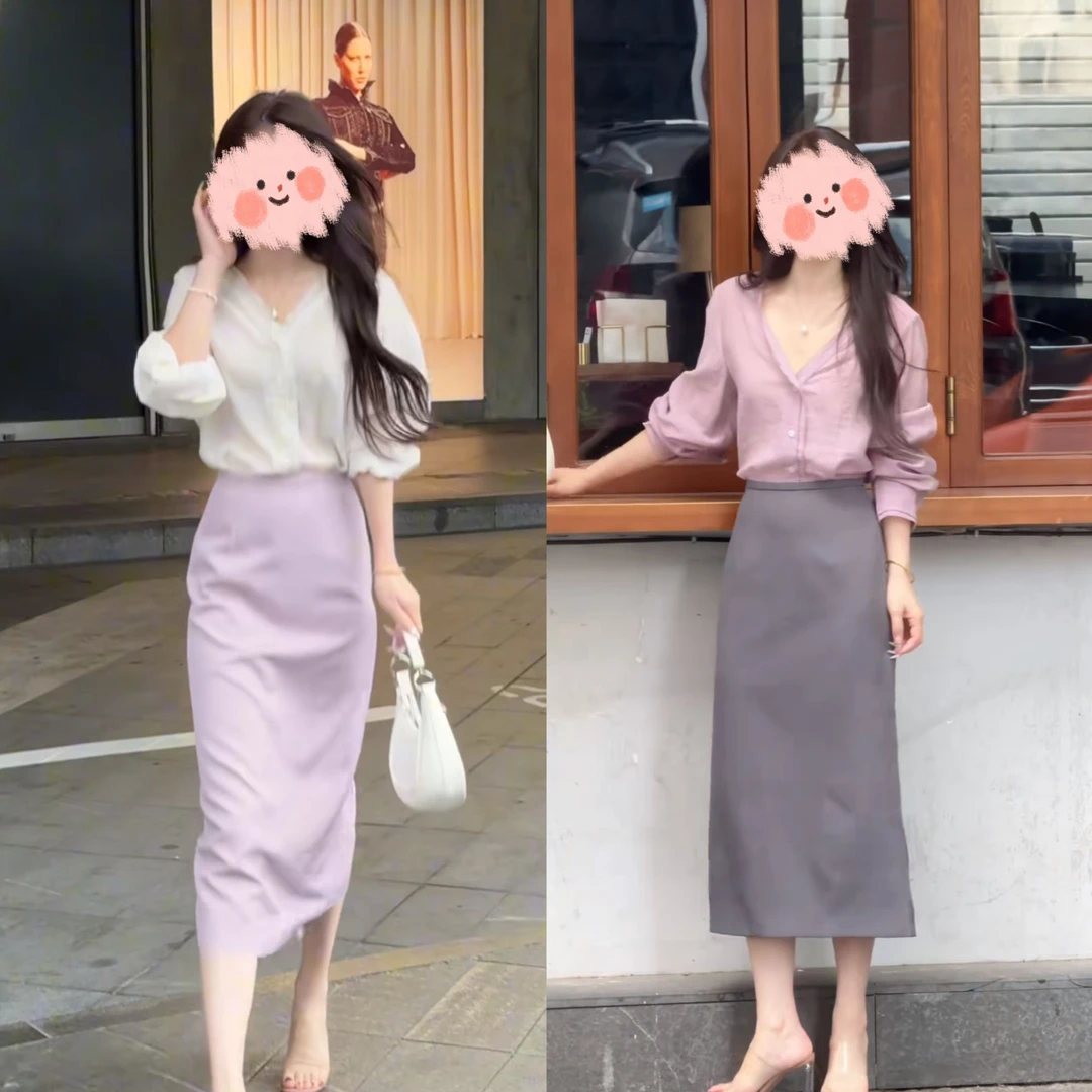 2025夏季新款法式气质高级感温柔风V领薄款长袖衬衫+高腰半身裙女