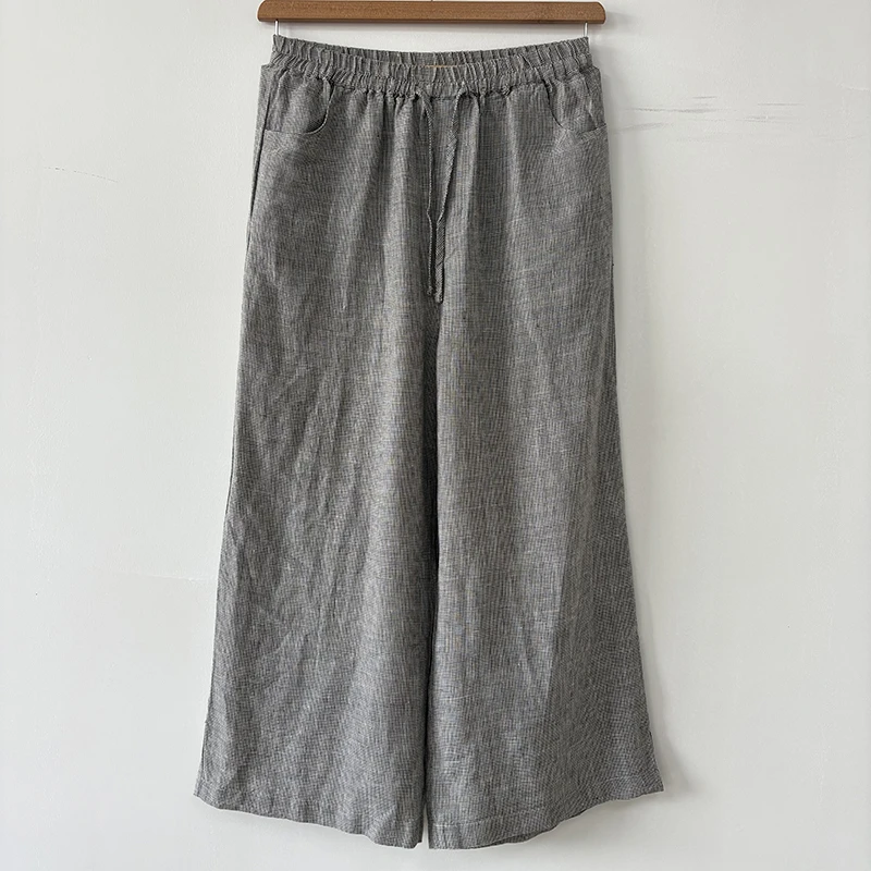 出口日单高货！新款外贸100%纯汉麻色织九分裤女士休闲阔腿裤气质