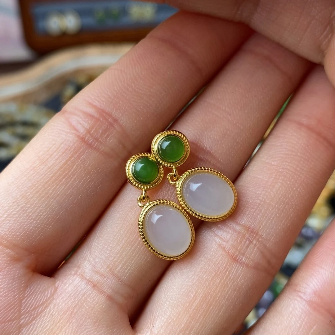 和田玉白冰耳坠银S925镶嵌