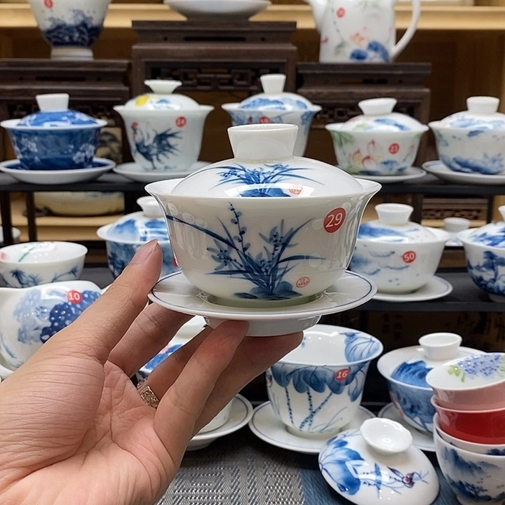 手绘兰花盖碗釉下彩高温瓷微瑕福利款