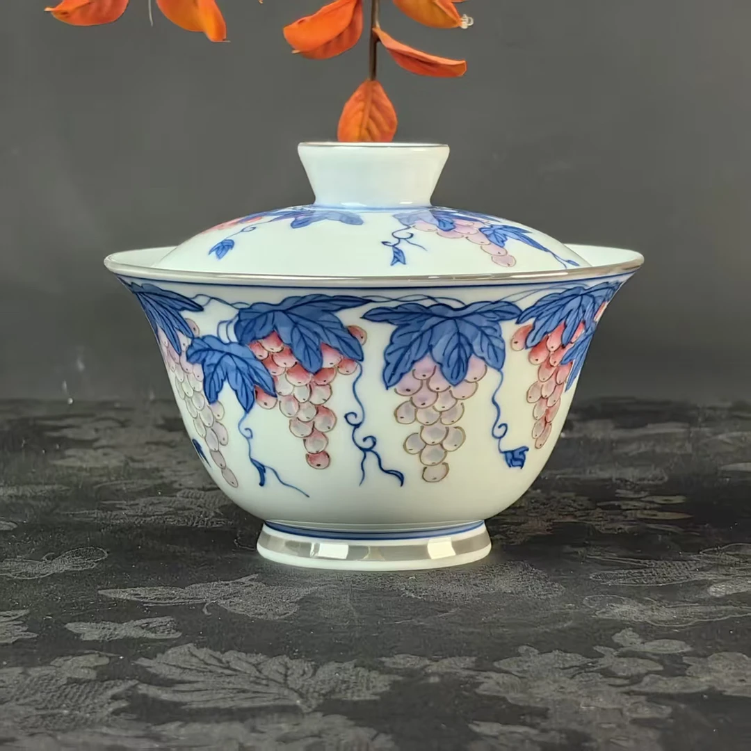 玲珑集 粉彩葡萄鎏银盖碗 LL371