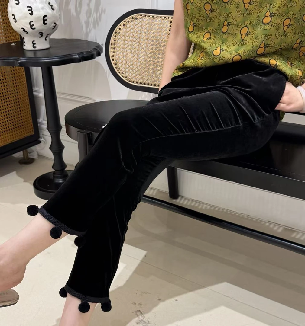 真丝丝绒弹力绒 带微弹力紧身八分小脚裤脚带毛球气质女裤