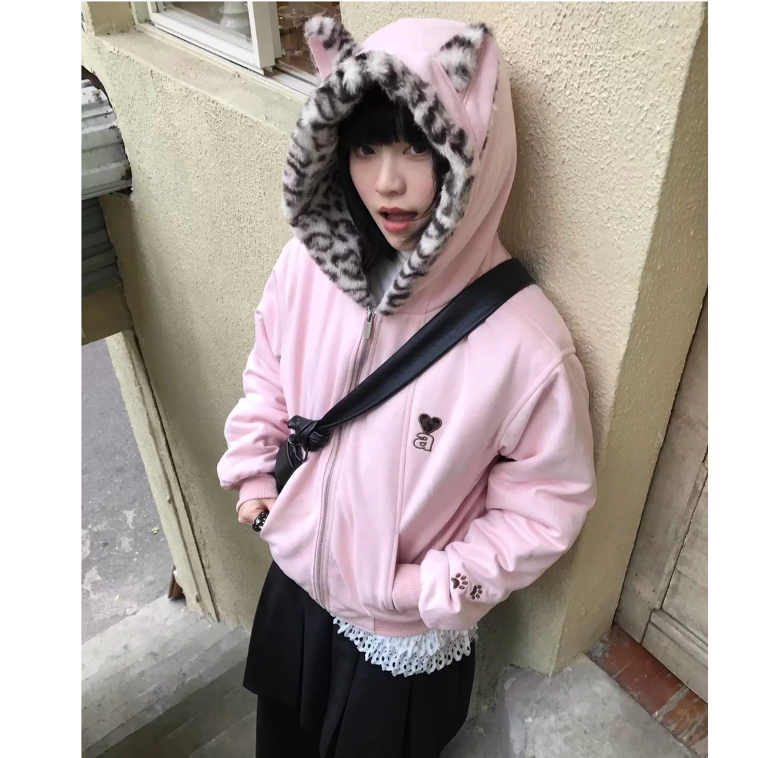 可爱座山雕粉色兔耳棉衣秋冬棉服保暖厚外套麂皮加绒豹纹连帽棉袄