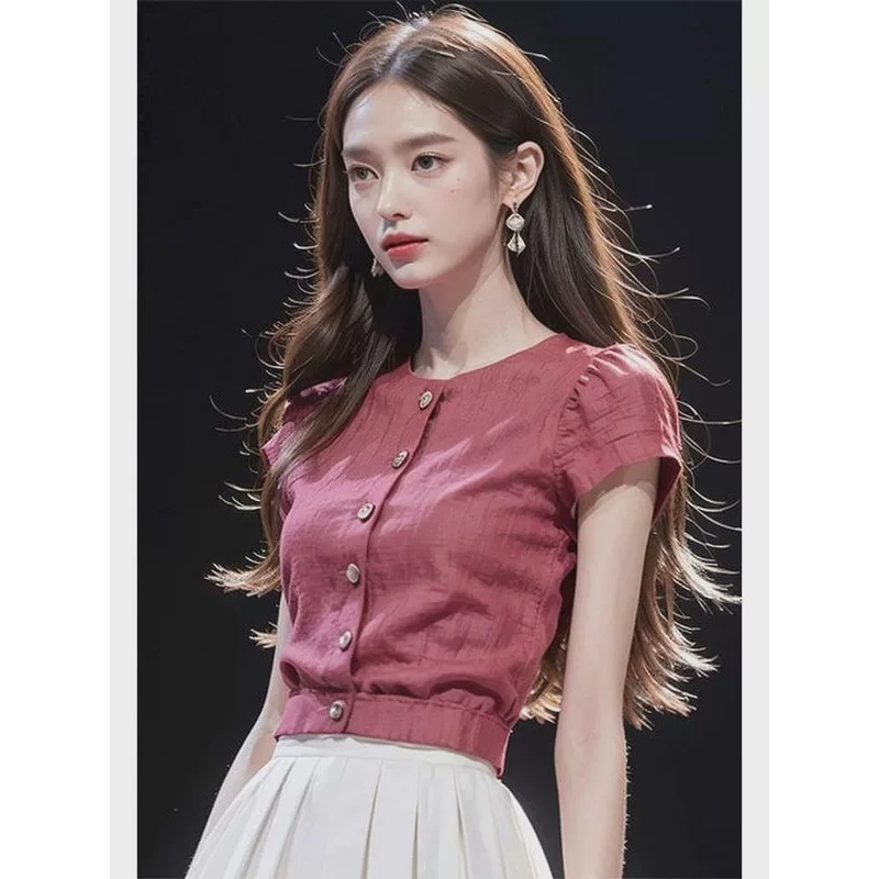 2025新款淑女气质上衣轻熟法式小众通勤玫红色轻薄收腰衬衫女夏季