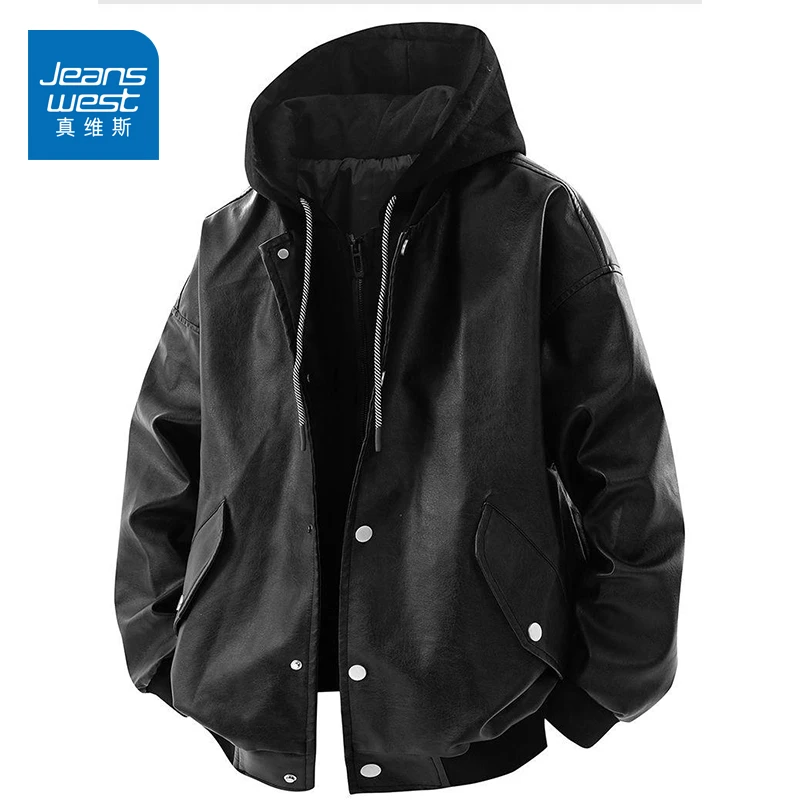 真维斯连帽皮夹克男士春秋季新款休闲痞帅假两件高级感皮衣外套男