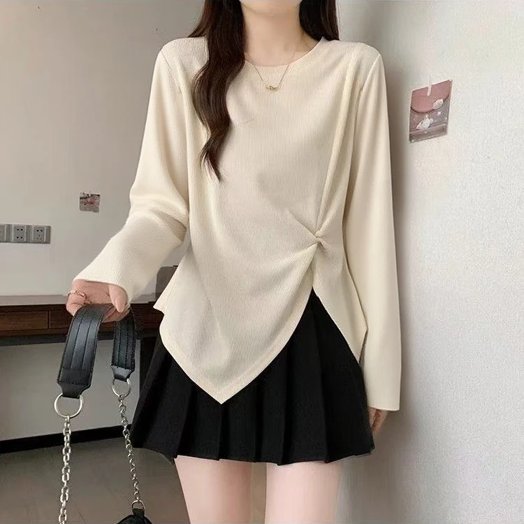 大码杏色正肩t恤长袖女2025新款秋季胖mm不规则遮肚显瘦微胖上衣