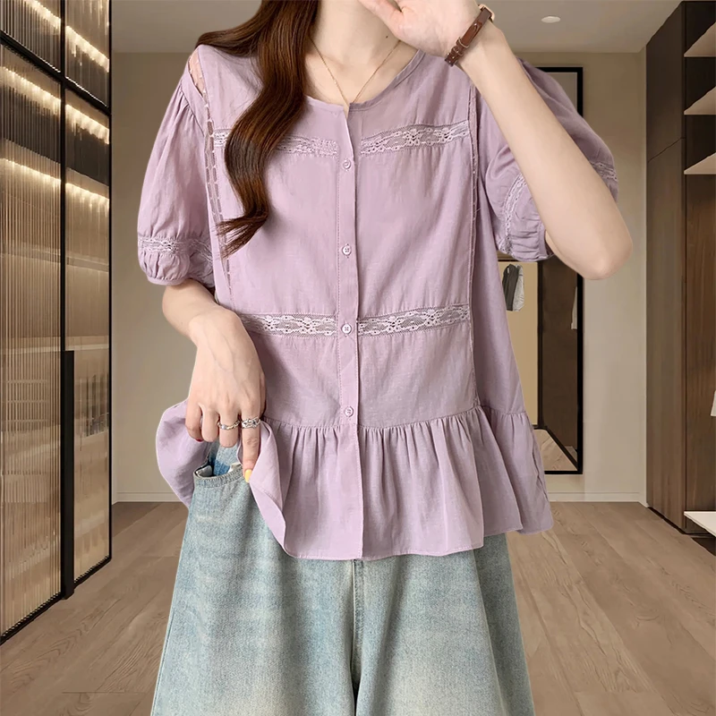 香朵儿法式时尚泡泡袖衬衫女2025年夏季新款洋气时髦百搭粉色上衣