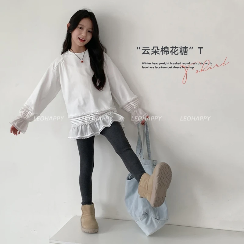 【云朵棉花糖】冬季重磅磨毛圆领拼接蕾丝花边喇叭袖打底上衣