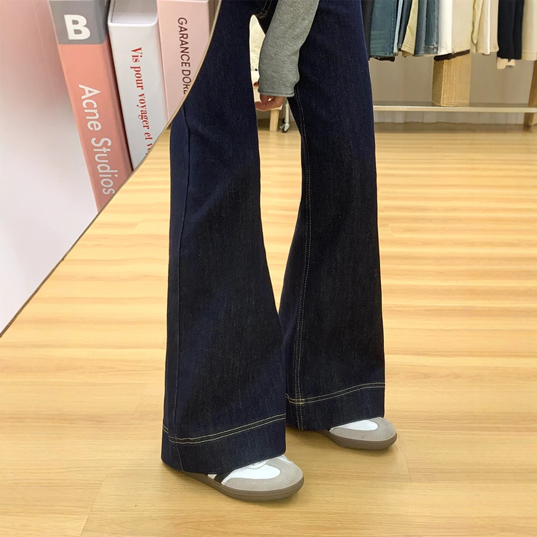 丹宁蓝微喇高腰宽松阔腿牛仔裤女大码梨形身材遮胯显瘦直筒喇叭裤
