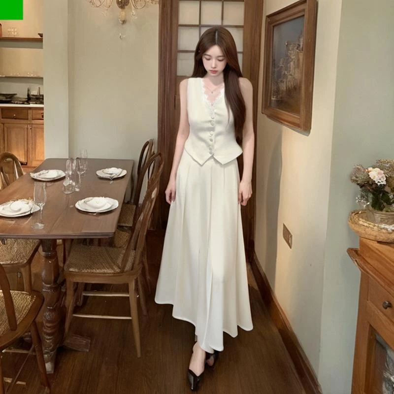 法式小香风老钱风穿搭套装裙女夏无袖蕾丝西装上衣半身长裙两件套