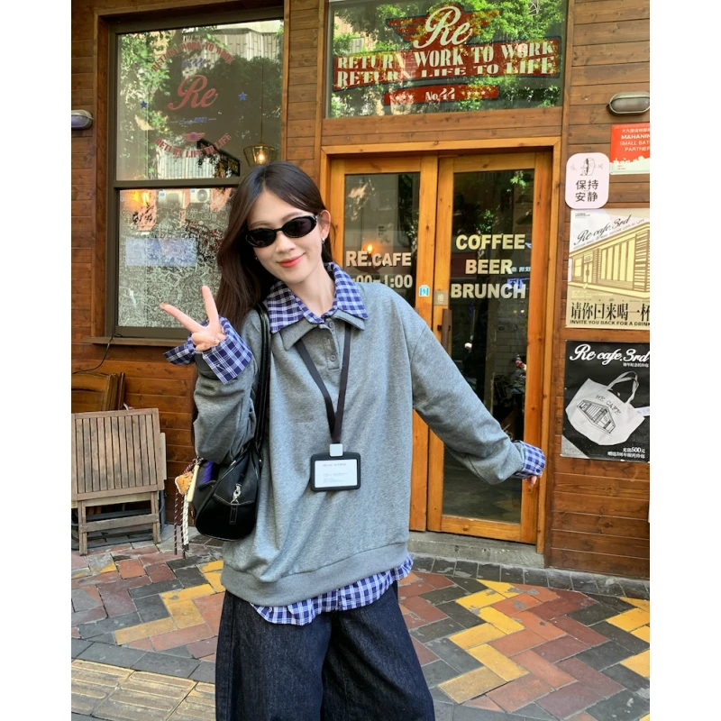 韩系假两件格纹拼接长袖套头卫衣女春秋新款宽松休闲百搭翻领上衣