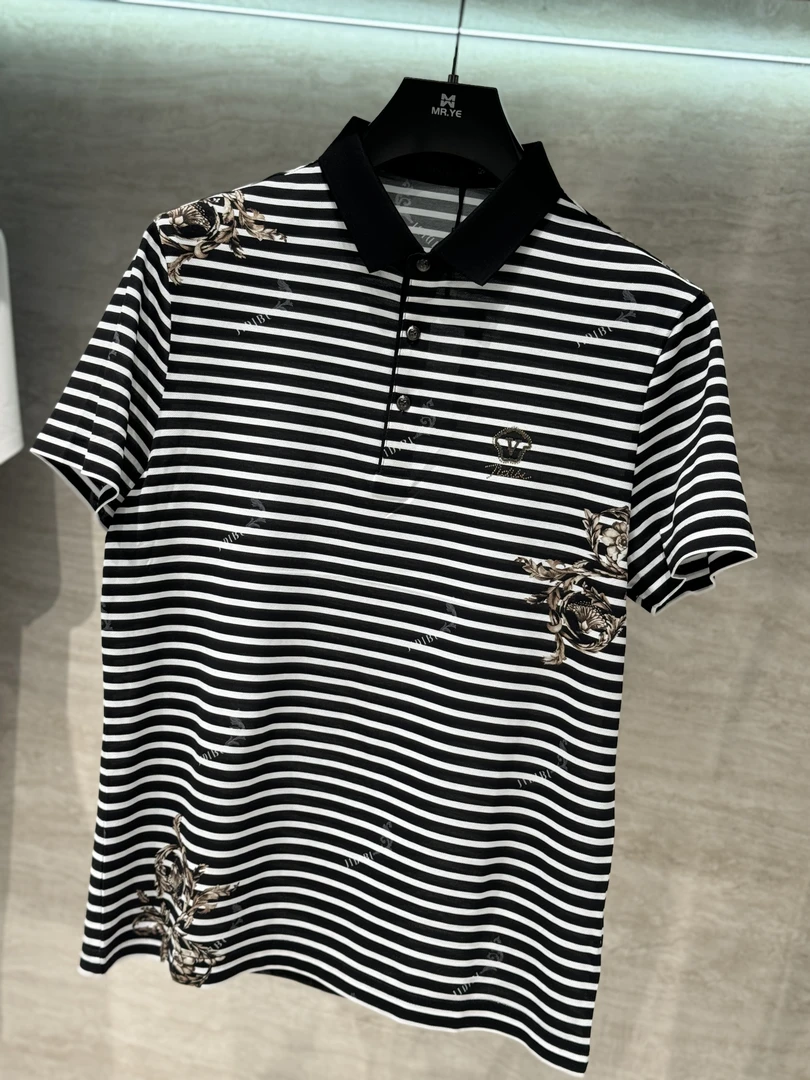 《叶先生精选》夏季新款男生黑白条纹翻领短袖POLO衫259331