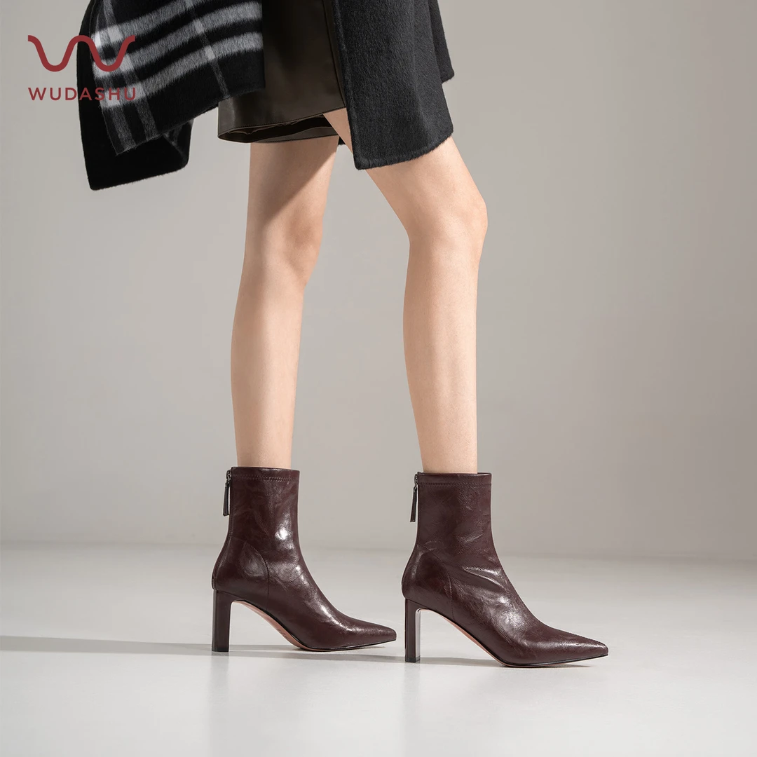 吴大叔尖头高跟休闲高级防滑冬季短筒时尚靴子瘦瘦女靴TF132048