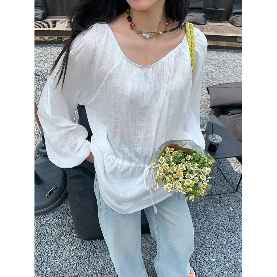 灯笼袖抽绳收腰纯色宽松白色圆领上衣女夏清新甜美夏季薄款长袖