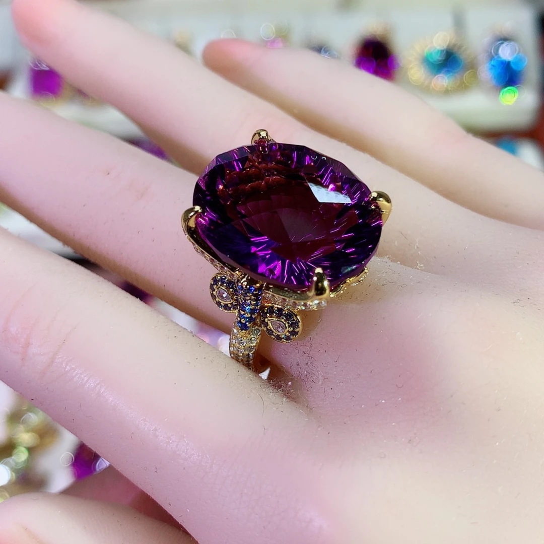 水晶戒指银S925镀金镶嵌