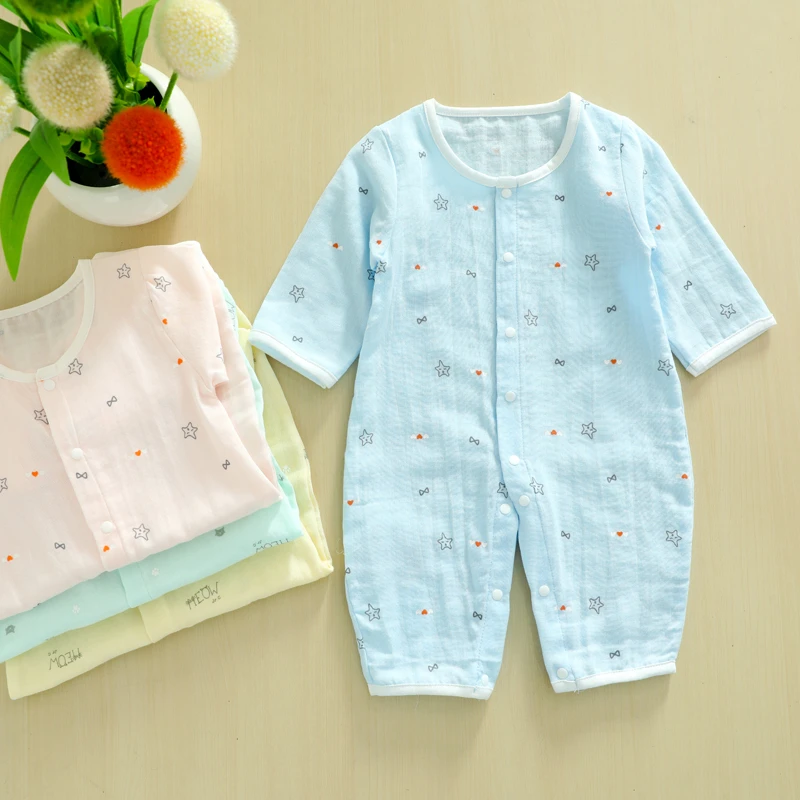 春夏季婴儿双层纱布连体衣夏季宝宝长袖棉纱布哈衣按扣睡衣家居服