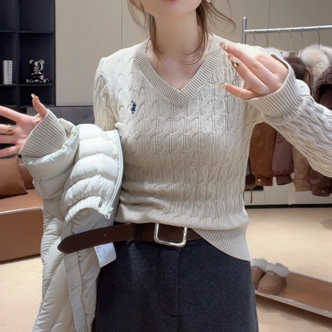 设计师刺绣厚款V领针织衫女冬季新款时尚气质百搭长袖打底衫毛衣