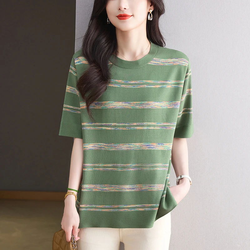 加肥加大码t恤女夏季胖mm上衣藏肉遮肚条纹冰丝针织衫高级感短袖