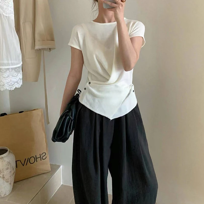 大码设计感短袖T恤女夏季新款胖妹妹宽松遮肉显瘦不规则时尚上衣