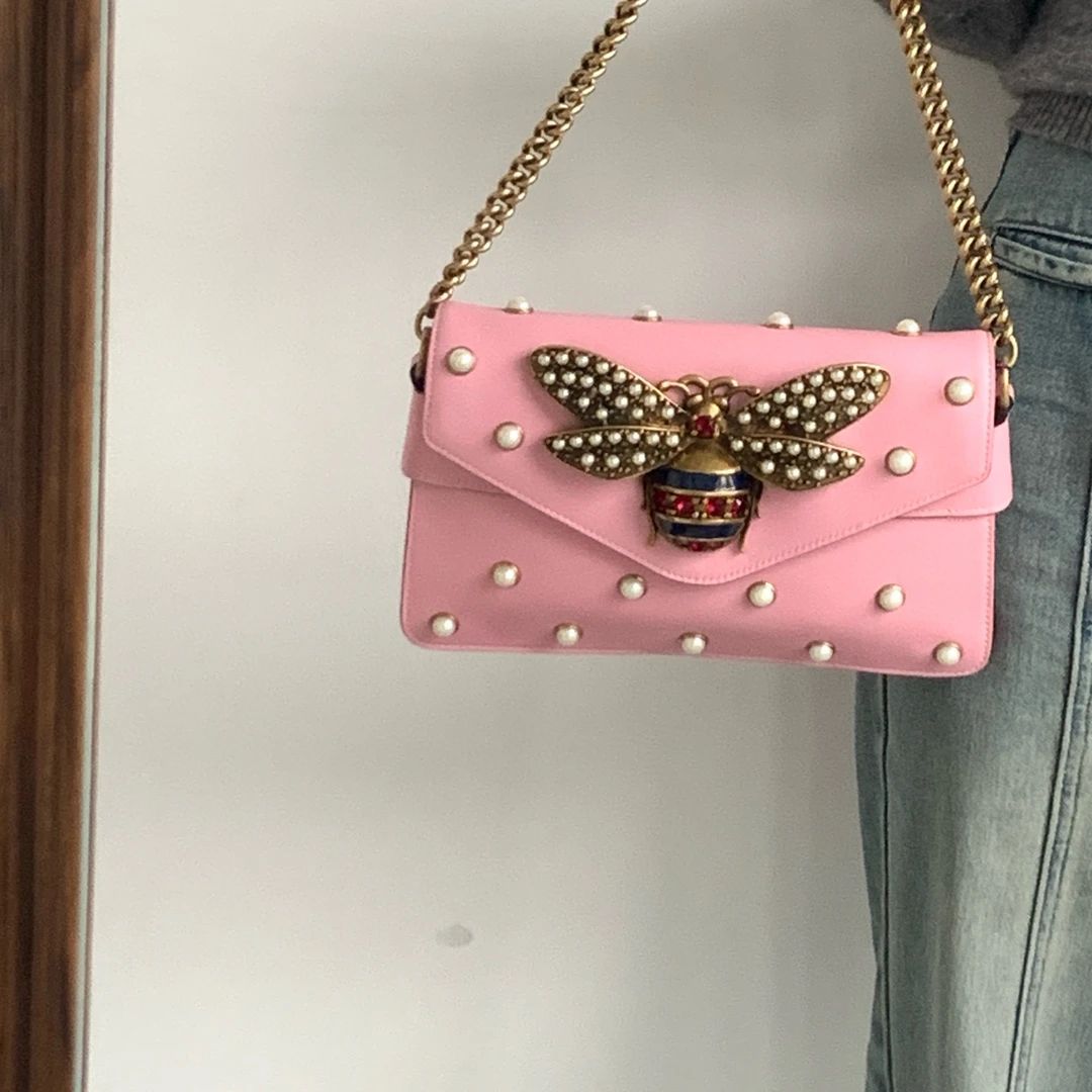 95新 GUCCI/古驰 gucci 粉色蜜蜂玛格丽特手提包