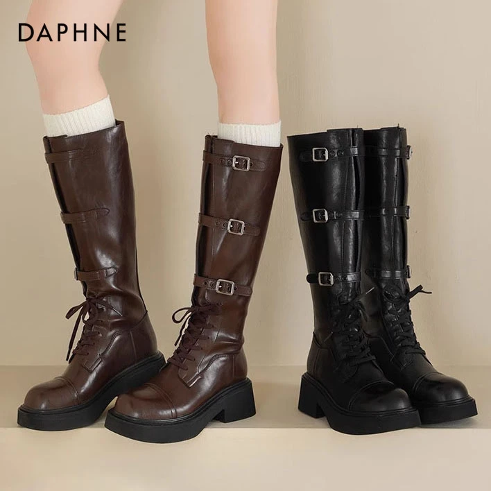 达芙妮厚底长筒靴子2025新款秋冬美拉德风皮带百搭显瘦厚底骑士靴