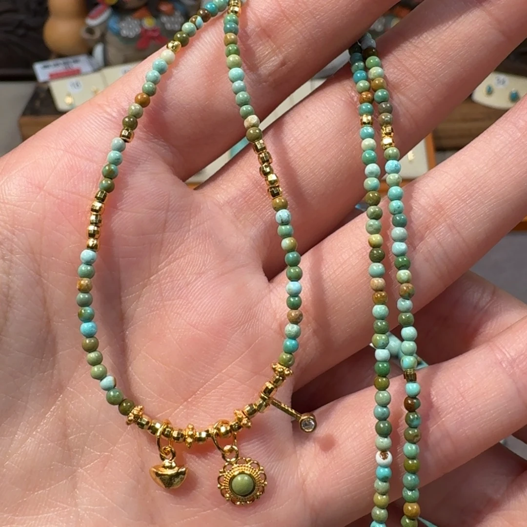 绿松石18K金镶嵌项链小米珠